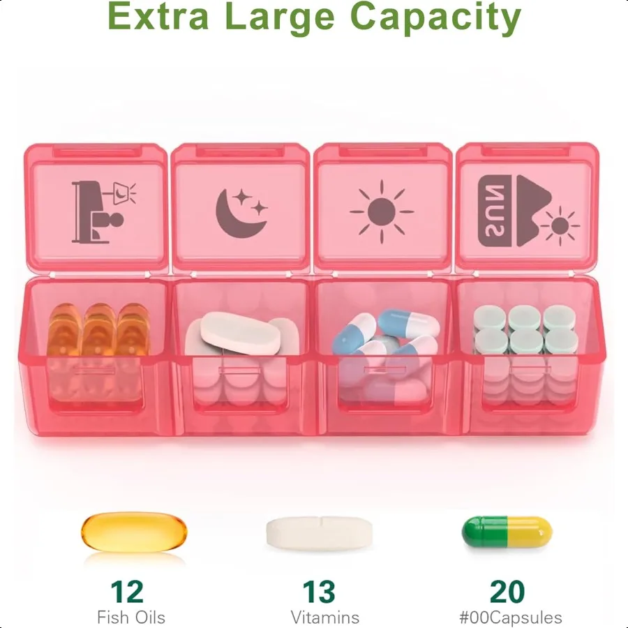 Extra Large Weekly Pill Organizer 4 Times a Day XXL Large Pill Box 7 Day Medicine Organizer Black Pill case for Vitamin Fish Oi