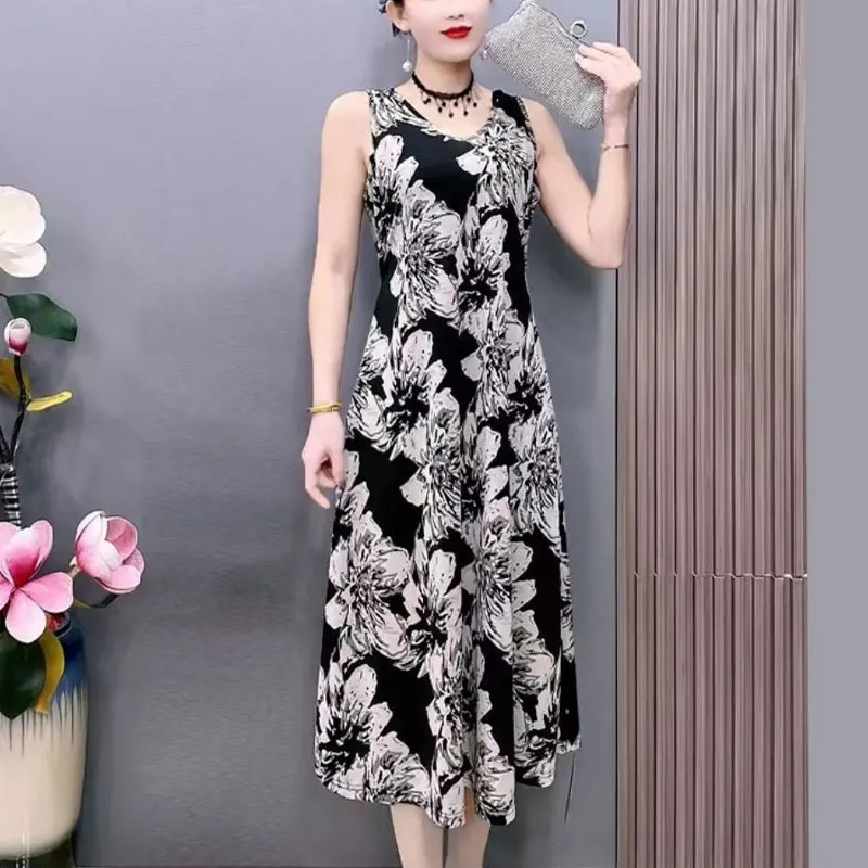 

Women's Clothing Sleeveless Midi Dress Casual V-Neck A-Line Waist Summer New Vintage Broken Flowers Folk Stylish Folds Sundress