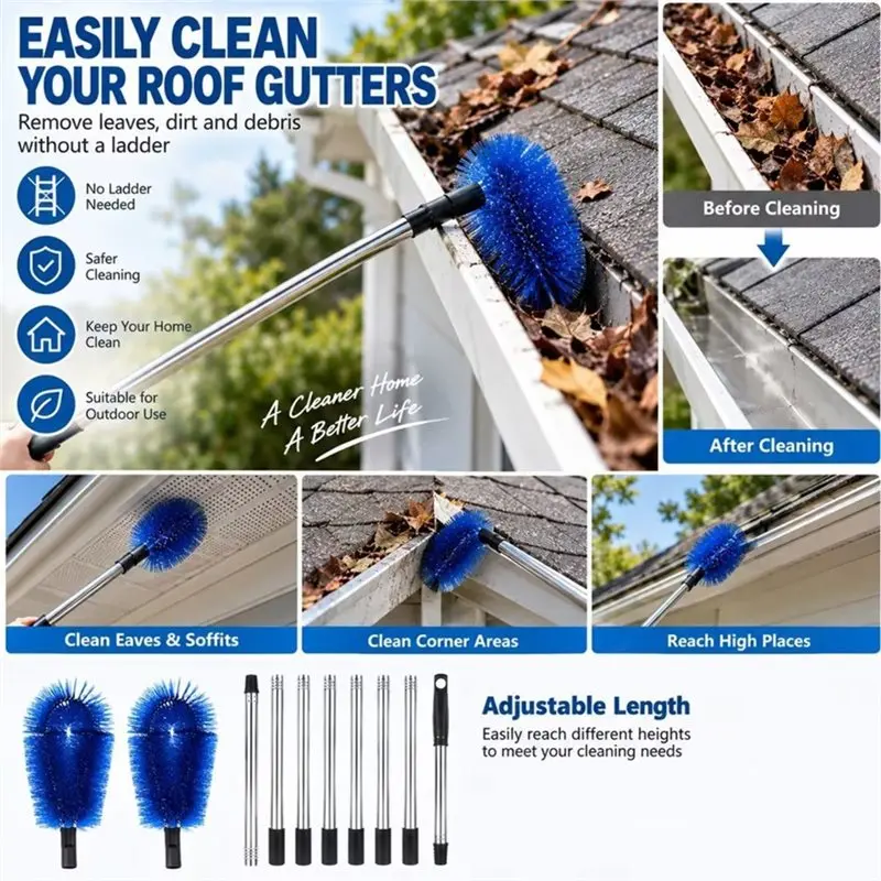 SYW-Gutter Cleaning Brush Set Adjustable Length Cleaning Tool For Effortless Home, Kitchen & Living Space Debris Removal