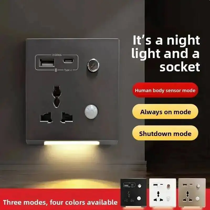 USB Type-C Fast Charging Socket USB C Port Multifunctional Universal Smart Wall Adapter 3.1A Embedded Sockets With Night Light