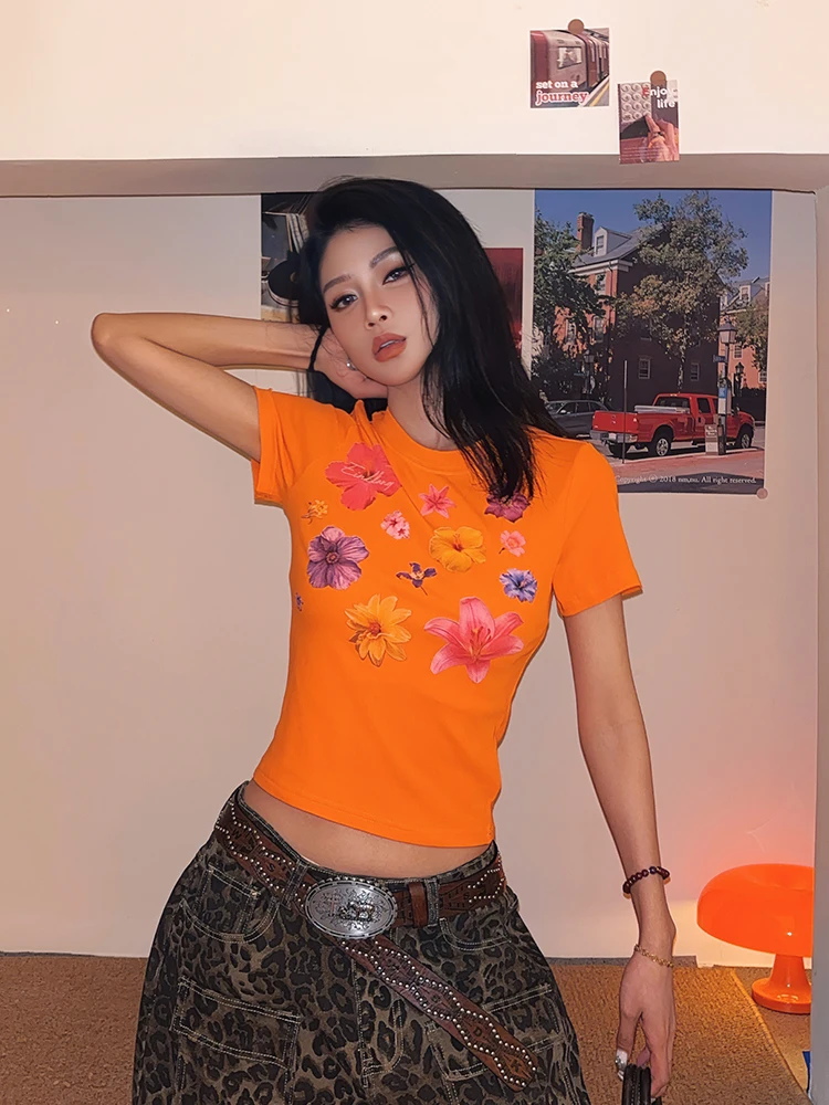 

Женская летняя футболка Slim Fit с коротким рукавом, модный принт, уличный стиль, американский стиль Hot Girl, длина до плеч, хлопок/полиэстер