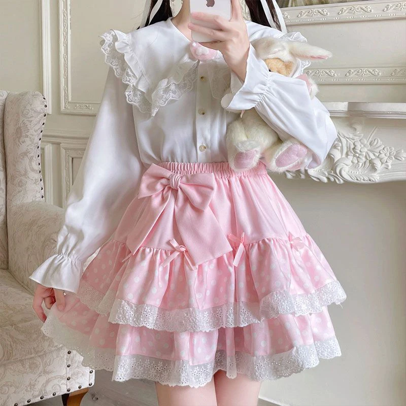 Minigonna con fiocco Kawaii donna dolce vita alta punto carino dolce \ gonne moda casual Giappone Lolita una linea gonna streetwear nuovo Y2k