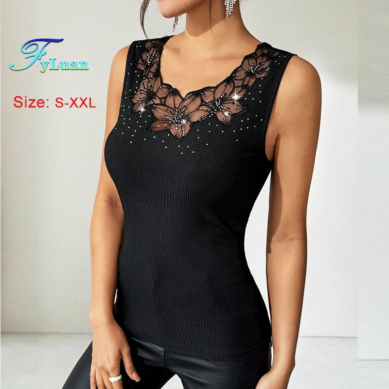 الصيف الأسود المرأة فيستدوس الدانتيل الربط الساخن الراين الديكور الإناث ضيق المناسب أعلى مثير أكمام الحمالة اليومية #3