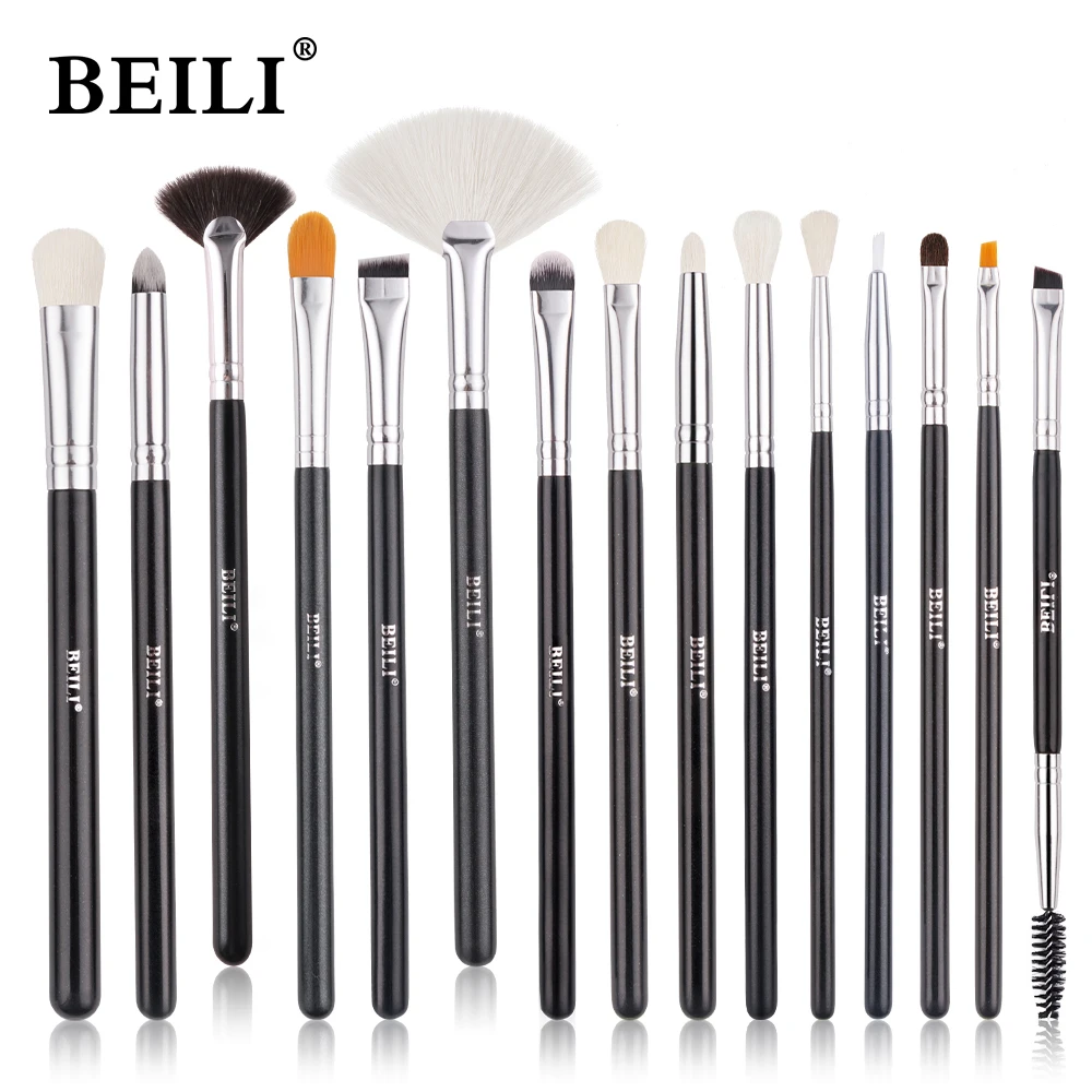 BEILI สีดำแปรงแต่งหน้า15Pcs ชุดผมธรรมชาติ Professional อายแชโดว์ Eyebrow Eyeliner เครื่องมือแต่งหน้า