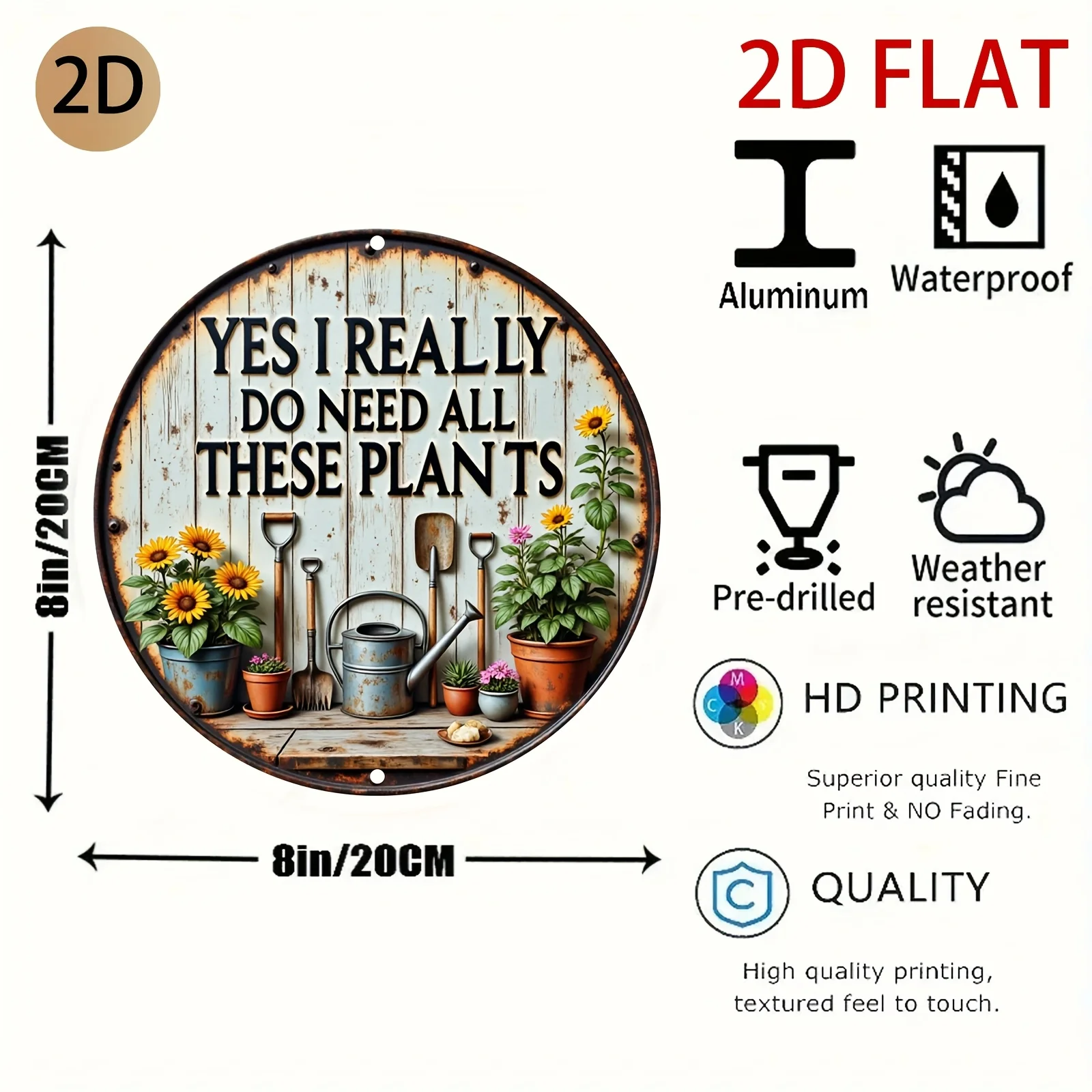 2D Flat - A Vintage-Style Round Metal Sign for The Garden, Featuring Plants, Gardening Tools, And Clever Phrases, Perfect for De