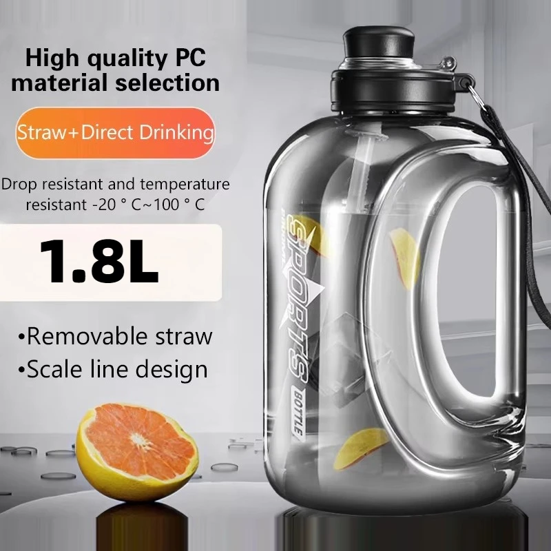 1.8L 60oz Sports Water Bottle with Straw Portable Gym Cycling Cup for Camping Travel Drinking Bottles Ton Bucket Belly Cup