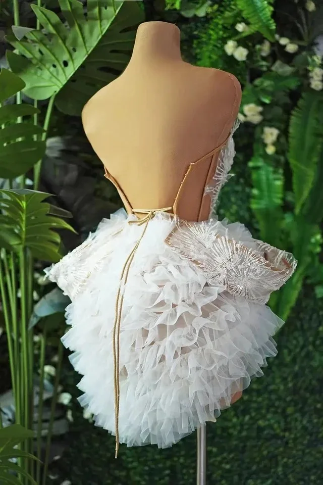 

Women Evening Party Nightclub Singer Stage Performance Costume Sexy White Lace Strapless Tops Ruffles Mini Skirt 2 PCS Set