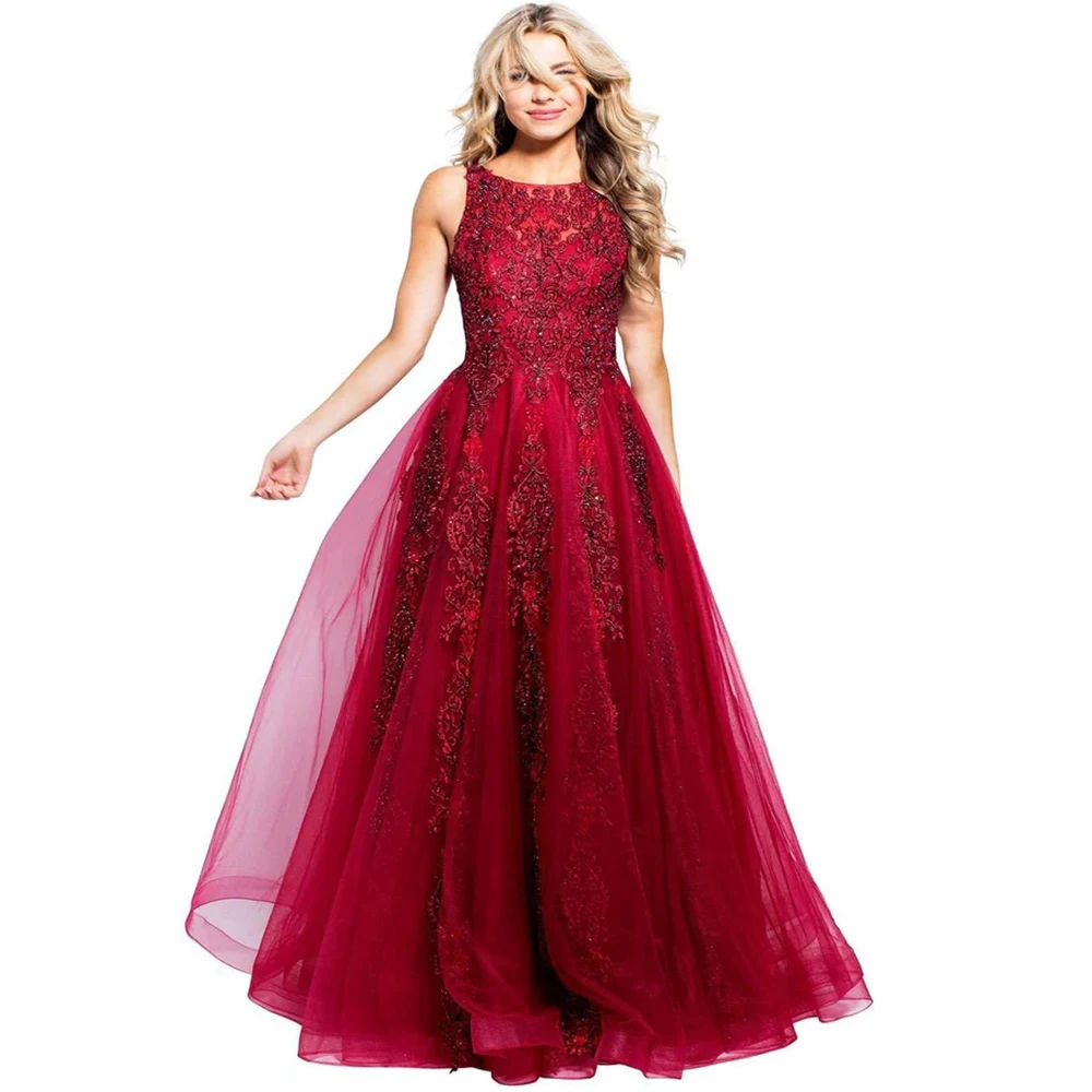 Vestido fu vermelho vestidos de noite tule para até o chão barco pescoço sem mangas vestido de baile apliques robes de soirée personalizado