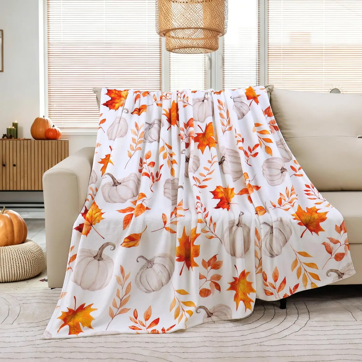 Fall Pumpkin Throw Blanket Autumn Maple Leaves Throw Blanket Flannel Fleece Fall Decor Thanksgiving Gift for Women Men Cozy Fuzzy Plush Throw Blankets for Bed Chair Couch 50