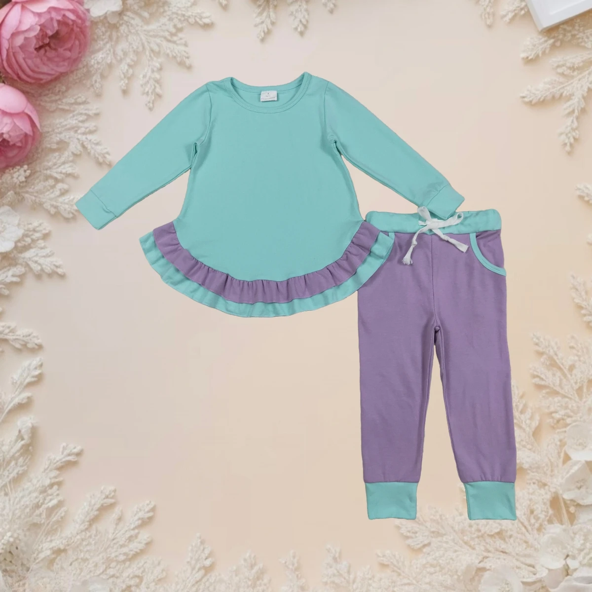 

Girl Set Toddler Baby 2Pcs Clothes Sets Kids Children Aqua Long Sleeve Ruffle Top Pockets Legging Pants Suit Clothing Outfits