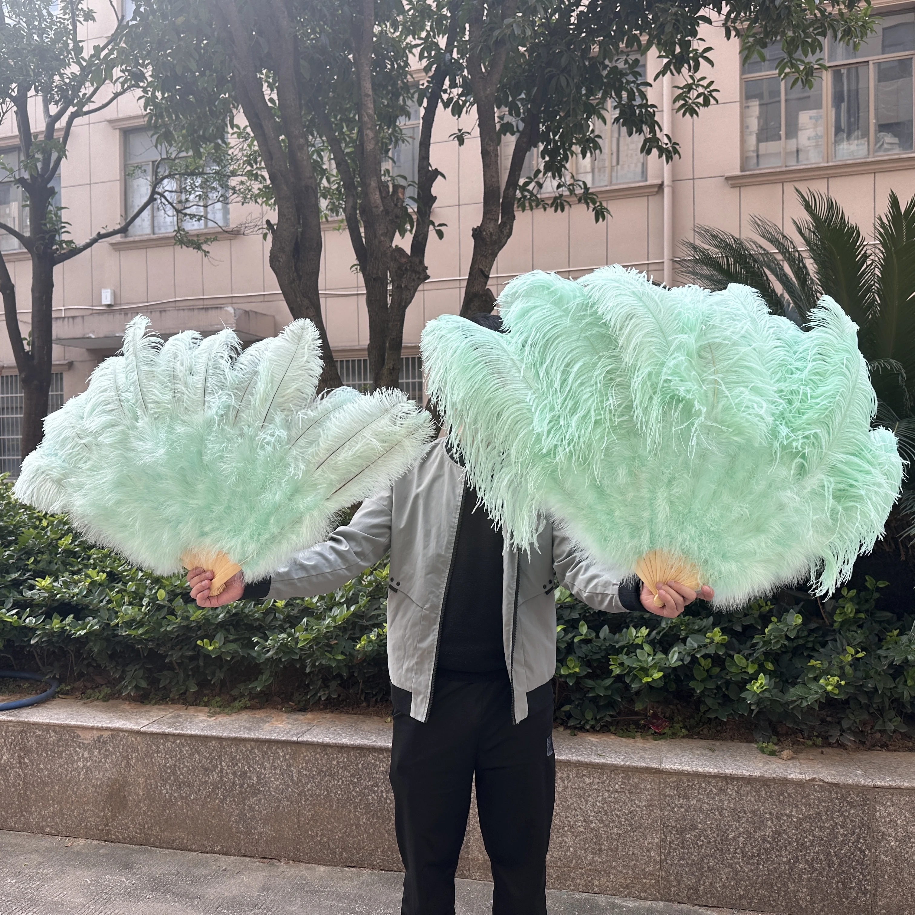 Abanicos de pluma de mano de avestruz Natural, 2 piezas, para actuaciones en escenario, espectáculo de bailarina, fiesta de boda, accesorios de Carnaval