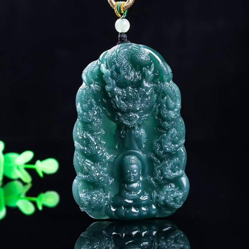

Натуральный синий водный ледяной нефрит класса А, изысканно резной Кулоун Будда, мужское и женское ожерелье, кулон, амулет мира и богатства