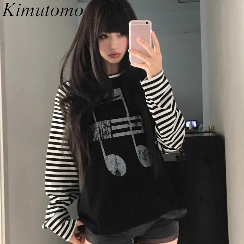 

Kimutomo Y2k Эстетические футболки женские винтажные полосатые лоскутные топы с длинными рукавами контрастные Harajuku свободные топы женские повседневные гранж