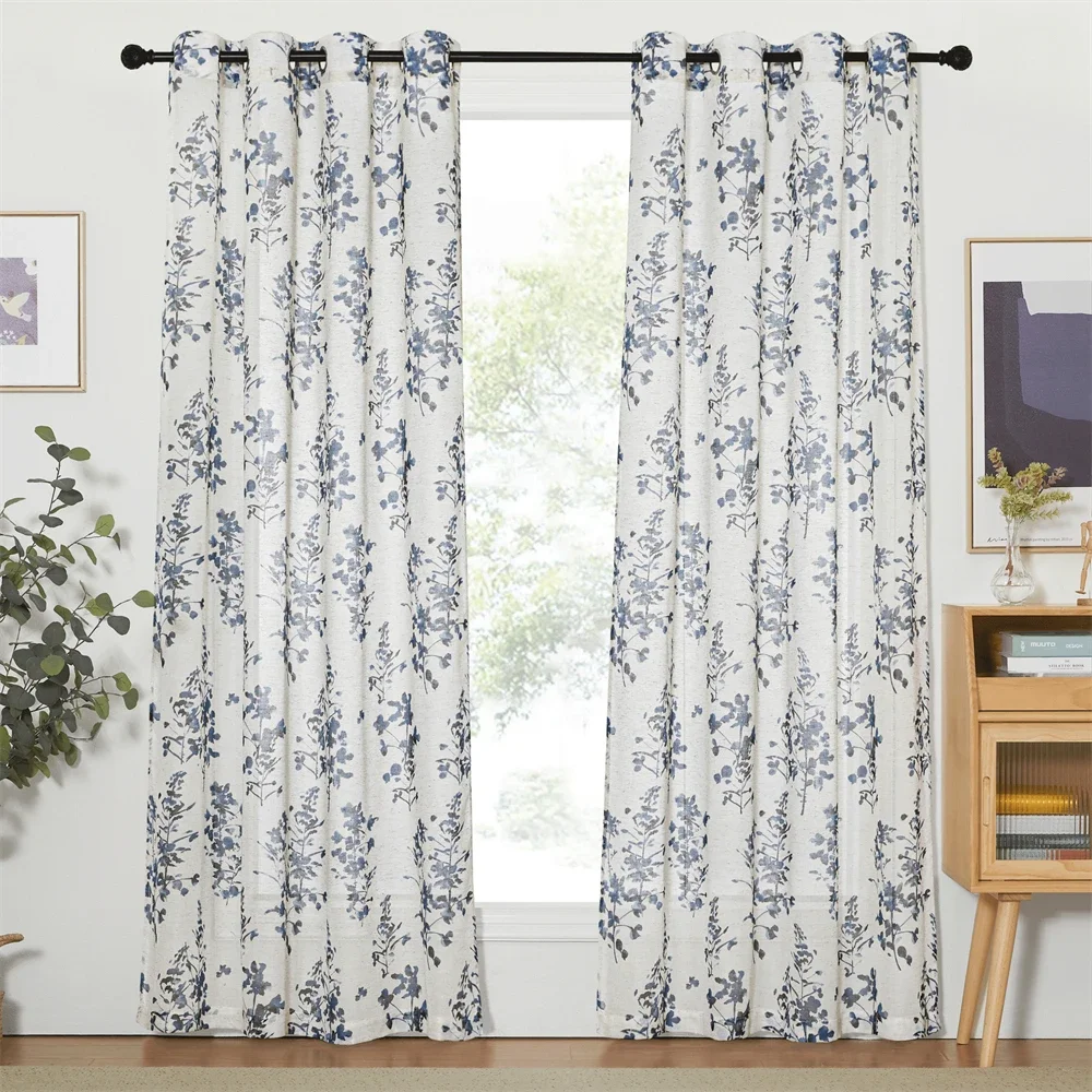 RYB HOME 1pc Plant Print on Linen-textured Semi-sheer Curtains for Porch Exterior Voile Curtains for Living Room Tulle Curtains