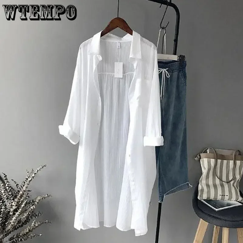 WTEMPO White Sunscreen Shirt Women Summer Thin Mid-length Sun Protection Button Cardigans Fashion Loose Breathable Long Coats