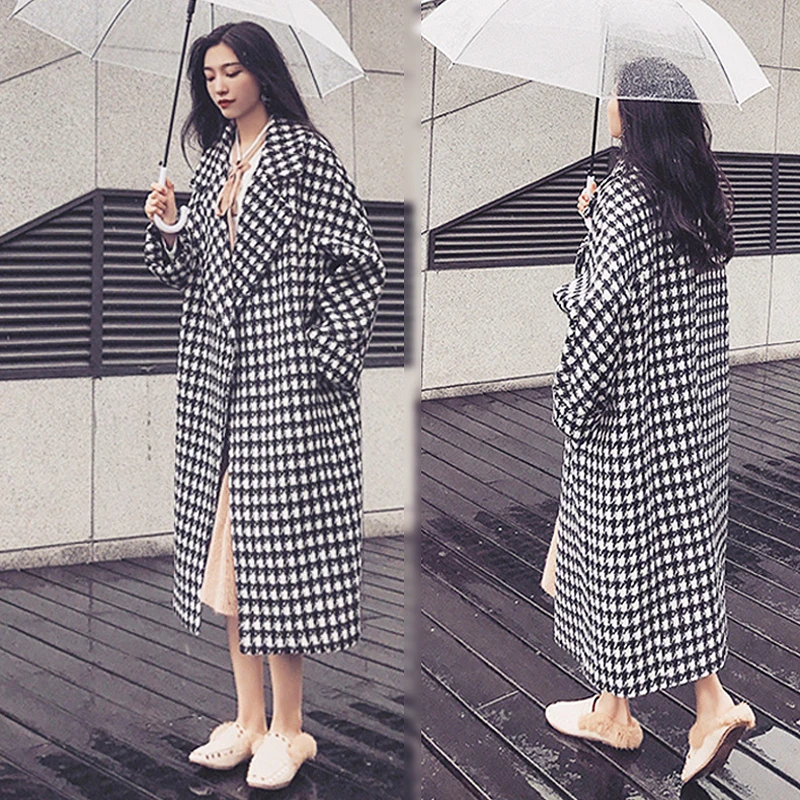 

Plaid Wool Coat Women 2022 Fall Winter Vintage Lapel Houndstooth Woolen Coat Fashion Long Thick Drop Shoulder Outwear Female New