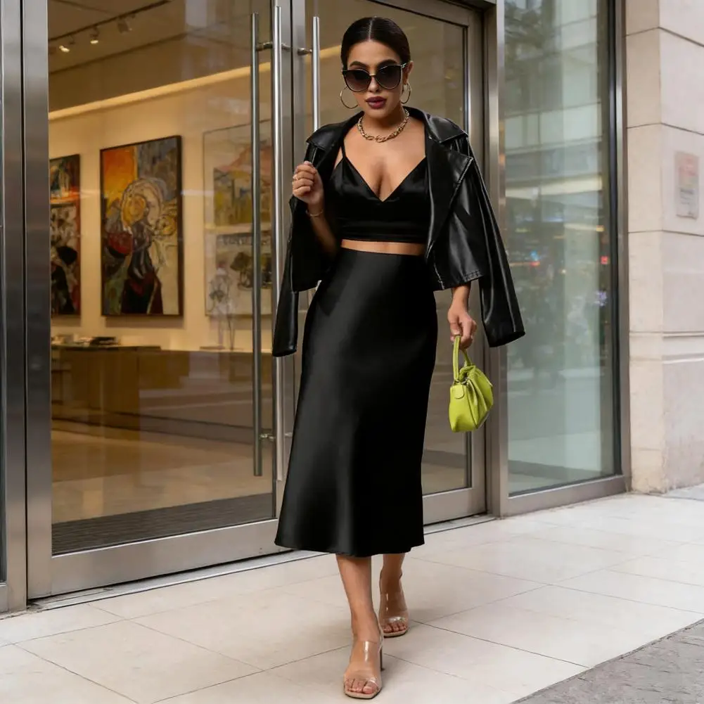 Women Midi Skirt High Waist Smooth Satin Fishtail Hem Slimming Skirt Travel Party Work Leisure Daily Wear