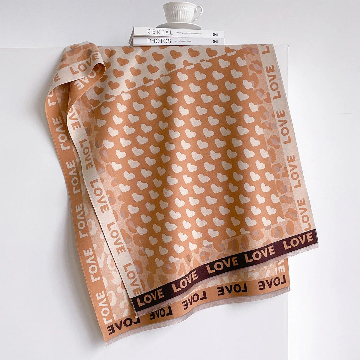 Winter High Grade Faux Cashmere Shawl Women Milk Tea Beige Vintage Lovely Heart Love Pattern Thick Cozy Warm Large Wrap Scarf