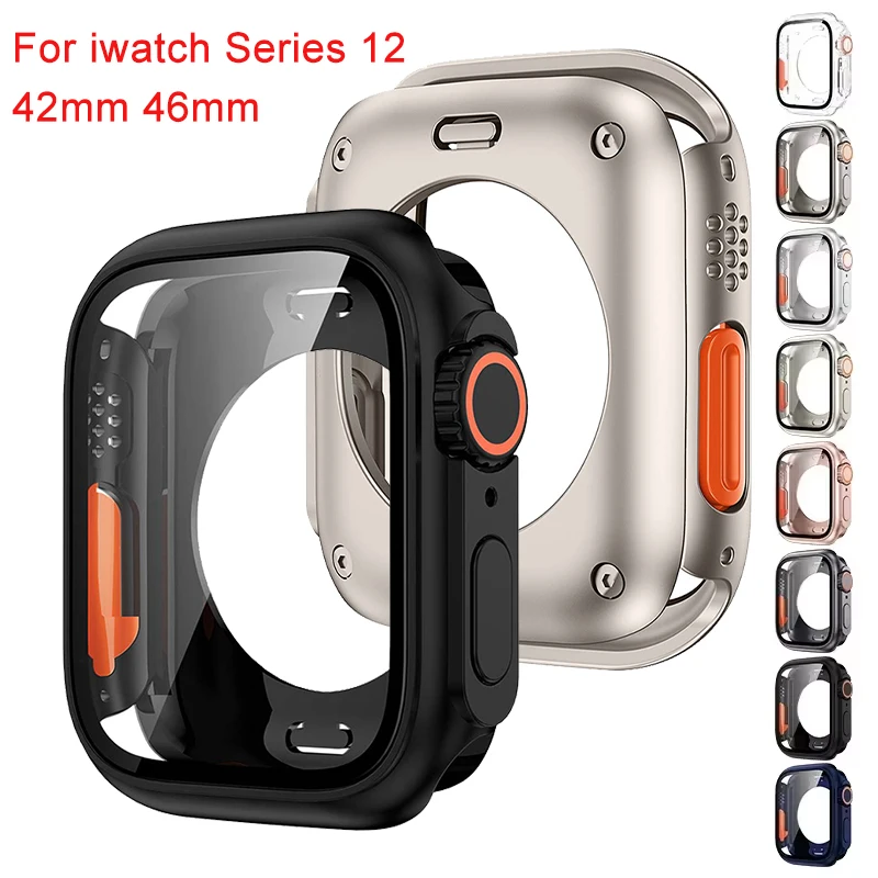 Gehärtetes Glas PC-Gehäuse für Apple Watch 12 42mm 46mm Upgrade Ultra Displayschutz Stoßfänger-Abdeckung für IWatch Series 12 42mm 46mm