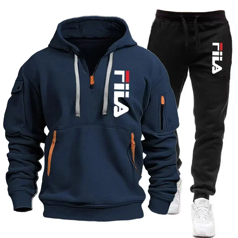 Men Autumn Winter 2 Piece Tracksuit Half Zip Hoodie Multi Zipper Pocket Sweatshirt Jogger Pants Casu