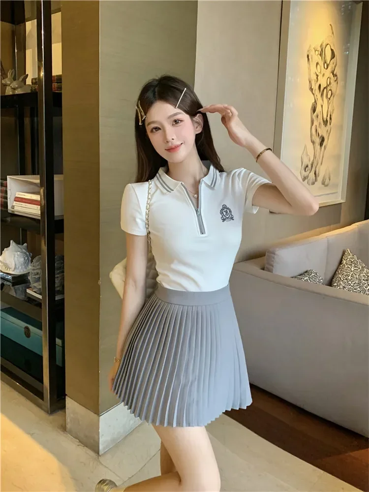 Fashion Tennis Wear Outfits White 2 Piece Dress Sets Short Sleeve White T Shirt Top&Pleated Mini Skirt 2pc Student Girl Suits