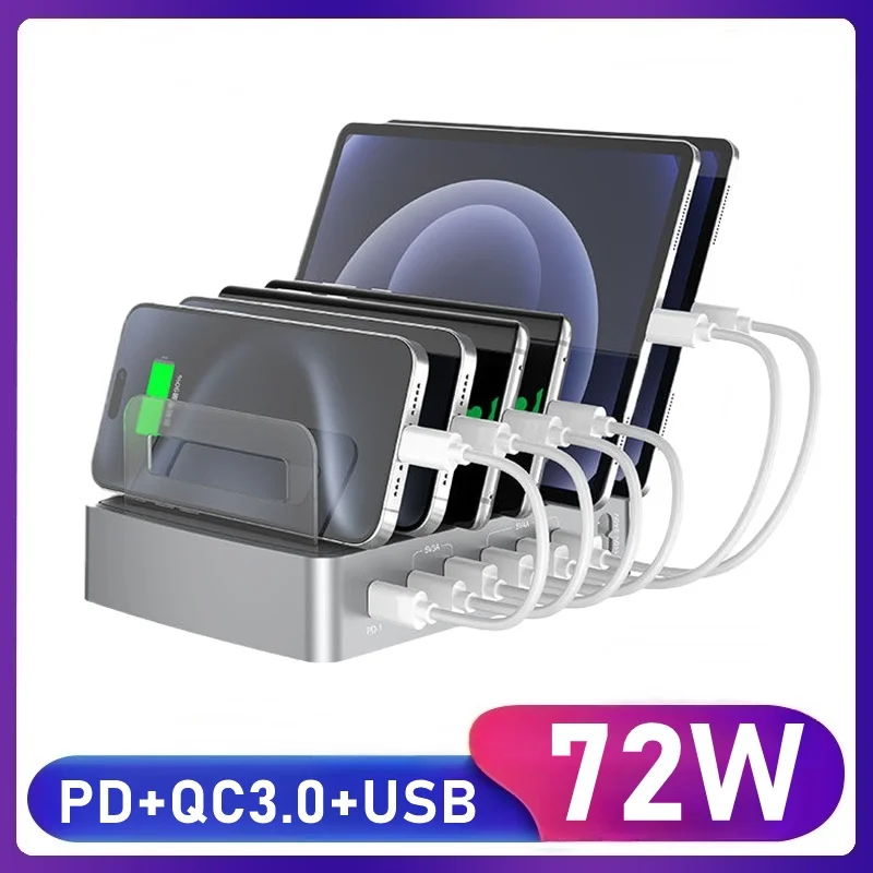 6IN1 Universal 72W 6 Port Multi USB Type C QC3.0 Charger PD Fast Charging Dock Station for Iphone 16 15 14 13 12 Pro Max Samsung