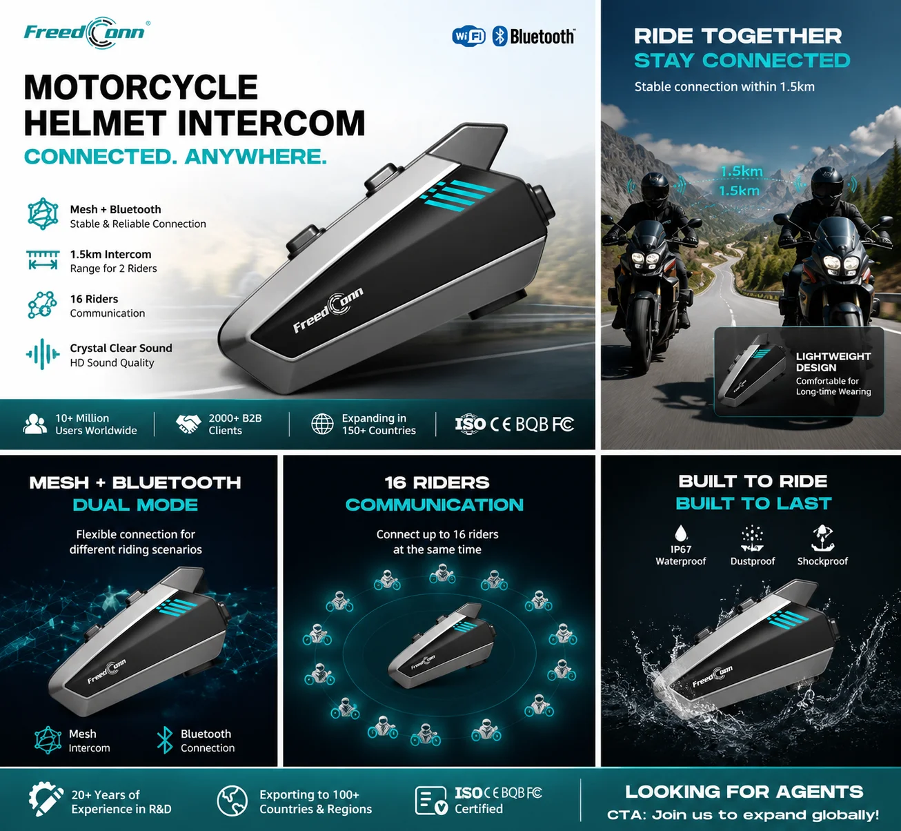 Mesh  Motorcycle Intercom Qualcomm V5.1 16 Riders 5KM Auto Relay DSP Noise Reduction Helmet Headset