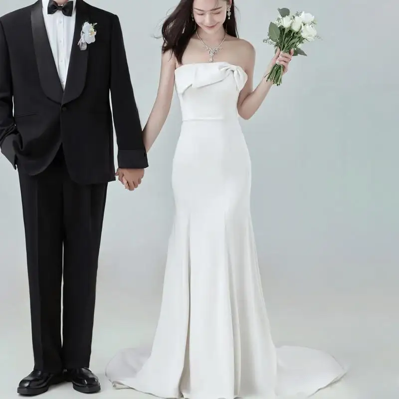 Newest Mermaid Wedding Dresses With Train Elegant Long Satin Bridal Dress Classic Sexy Strapless Simple Sukienka Na Wesele