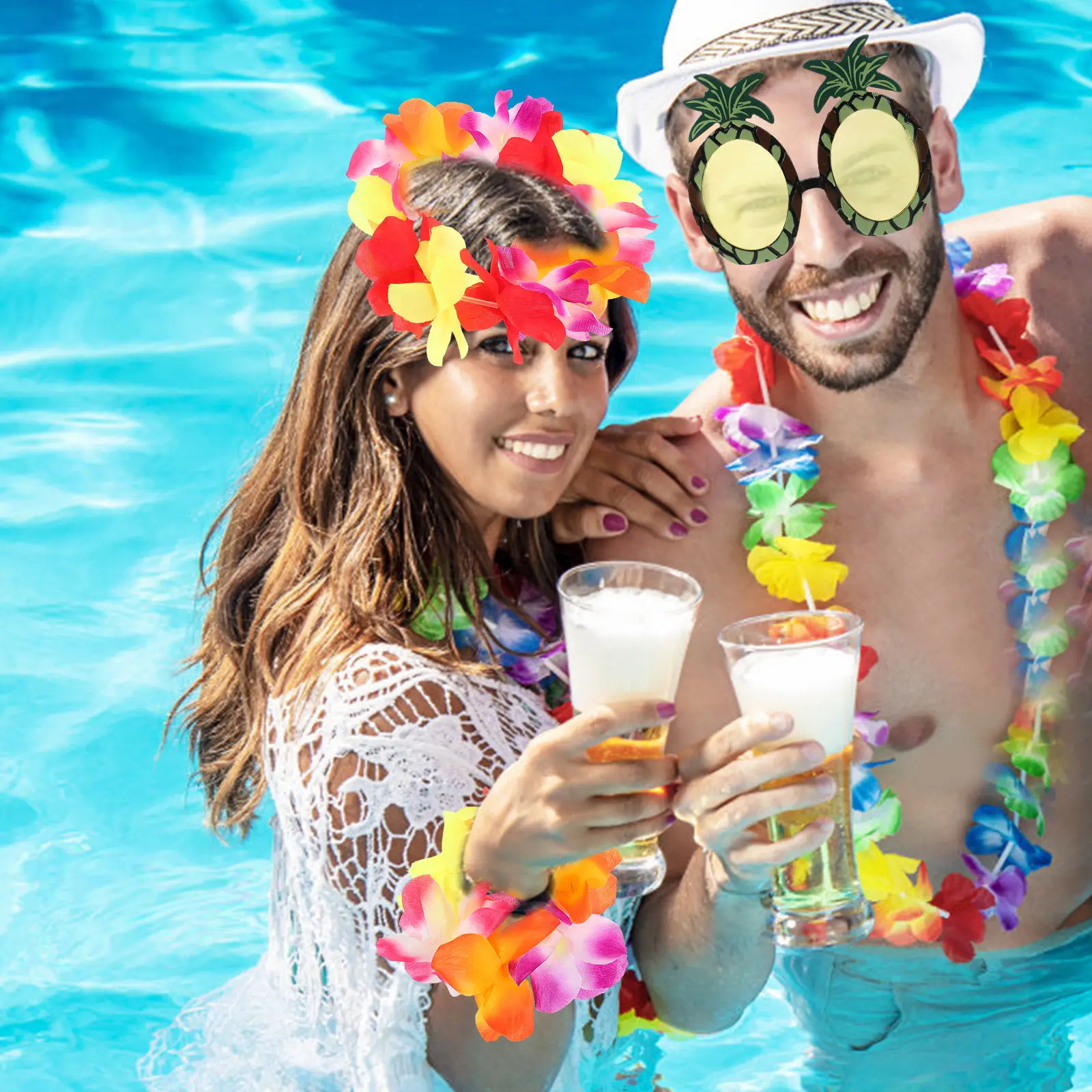 1 Set Large Flower Lei Kit Hawaiian Wreath Pineapple Sunglasses Beach Party Supplies Tropical Headband Costume Accessories Luau