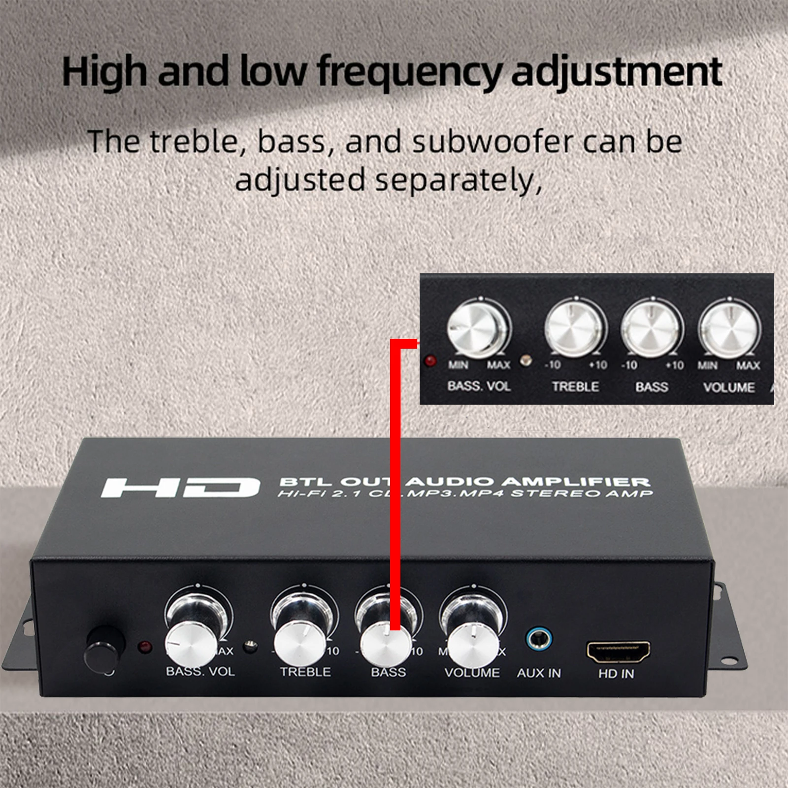 HiFi 2.1 Channel Audio Amplifier Stereo Treble and  Subwoofer Adjustment  Bass Sound Amplifier 20Wx2+40W For Home Car Meeti