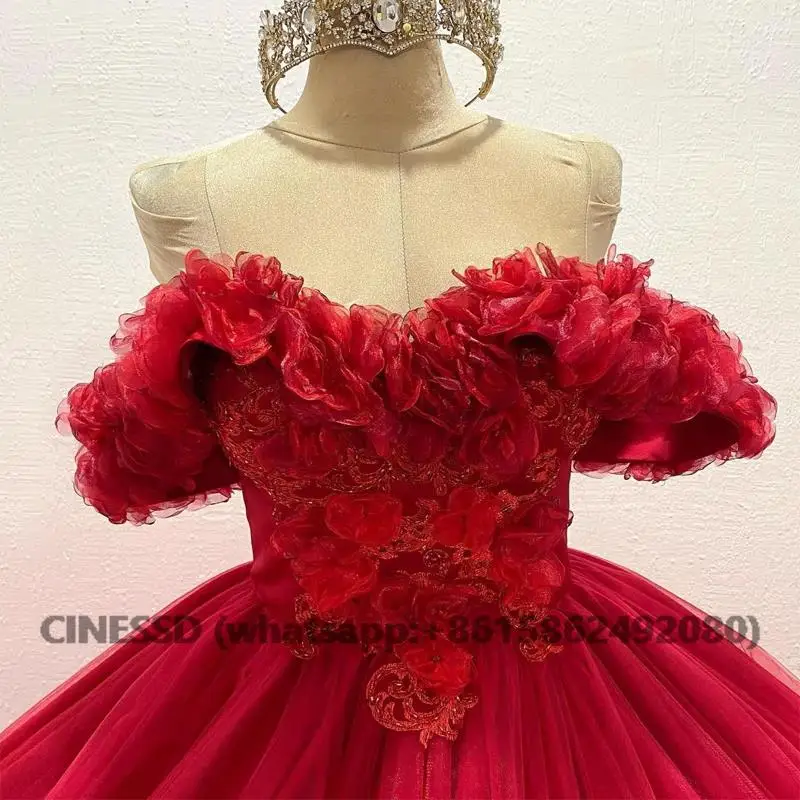 Red 3D Flowers Quinceanera Dresses Ball Gown Formal Prom Graduation Gowns   Flower Straps Beaded Sweetheart 15 16 Dress vestidos