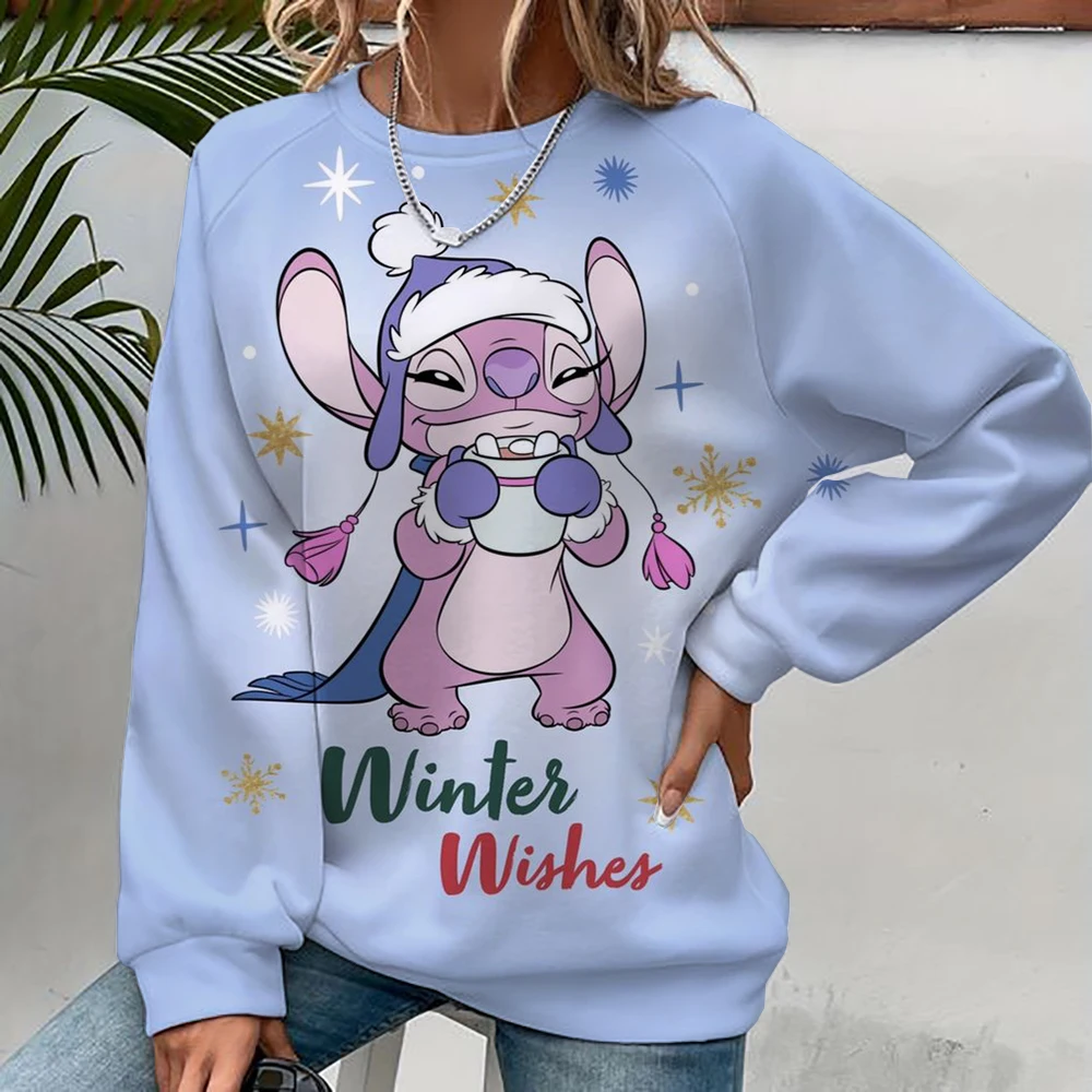 Felpa con cappuccio moda donna Disney Stitch stampa Moda Autunno Quotidiano Manica lunga Girocollo Pullover allentato Cartoon Boho Style Sweatsh