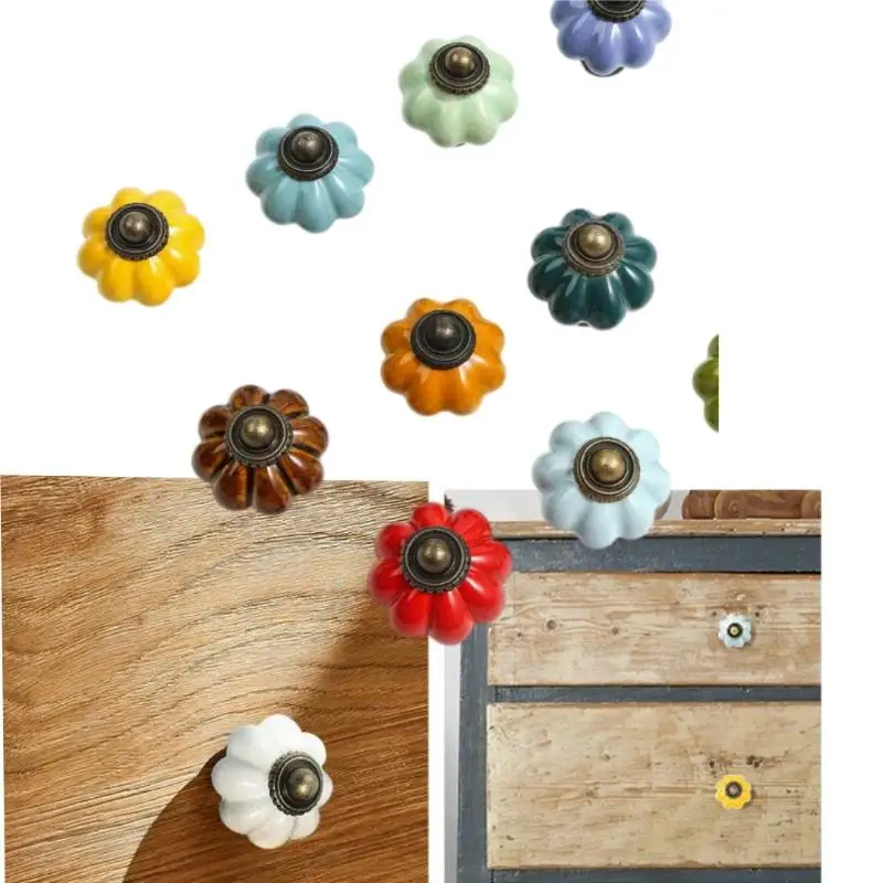 Ceramic Pumpkin Single Hole Cabinet Knob 1Pcs European Vintage Style for Dining Room Sideboard Drawer Decor