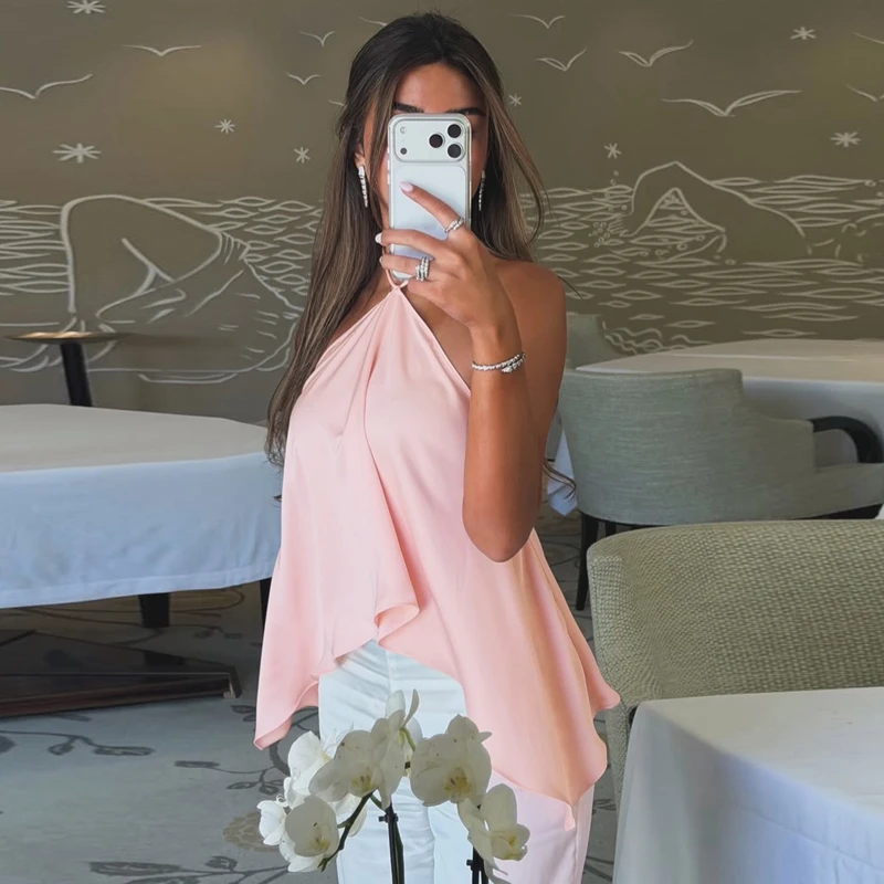 Hugcitar Modisches Neckholder-Top mit Schnürung, Rückenfreies, Unregelmäßiges, Einfarbiges, Sexy Crop-Top für Damen, Niedliche Kleidung für Strand, Urlaub und Party – Detail 18