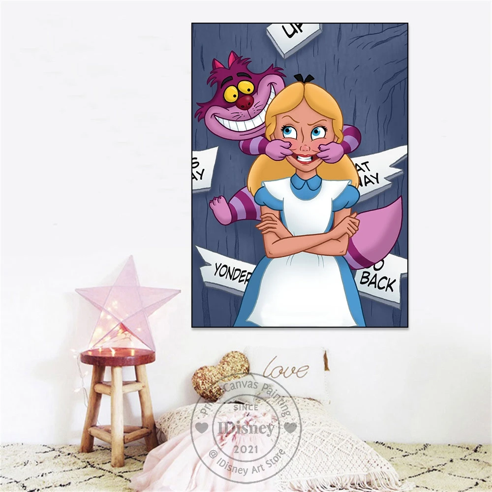 

Disney Alice Smiles Print Canvas Painting Alice In Wonderland Cat Walll Art Cartoon Nursey Poster For Kids Room Home Decoration