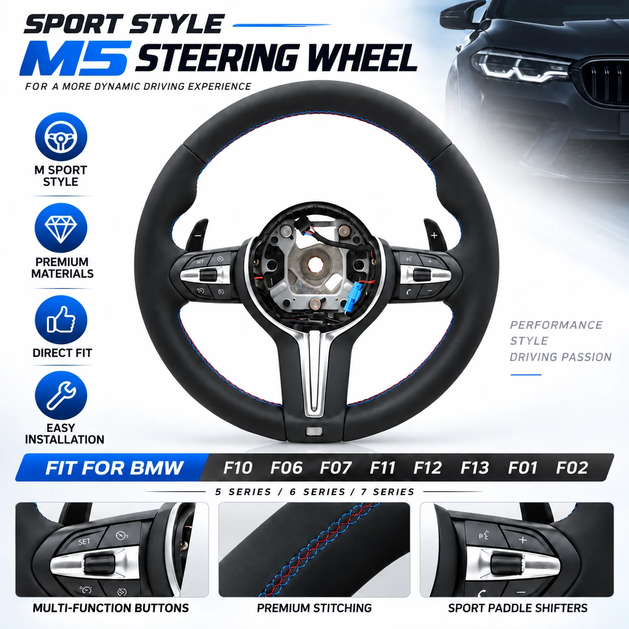 NUOVO Volante M5 per BMW Serie M Sport 5 6 7 F10 F06 F07 F11 F12 F13 F01 F02 Volanti in Pelle PU Parti Interne per Auto