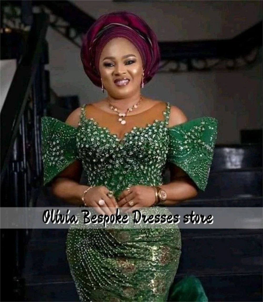 Distinctive Green Mermaid Aso Ebi Evening Dresses Beaded Rhinestones Ruched Ruffle African Party Dress For Women 2025 Customized