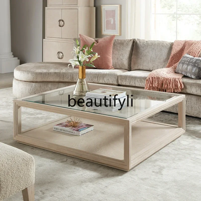 Cy56  French retro glass coffee table, living room solid wood high-end sense, American home balcony table, small apartment tea t