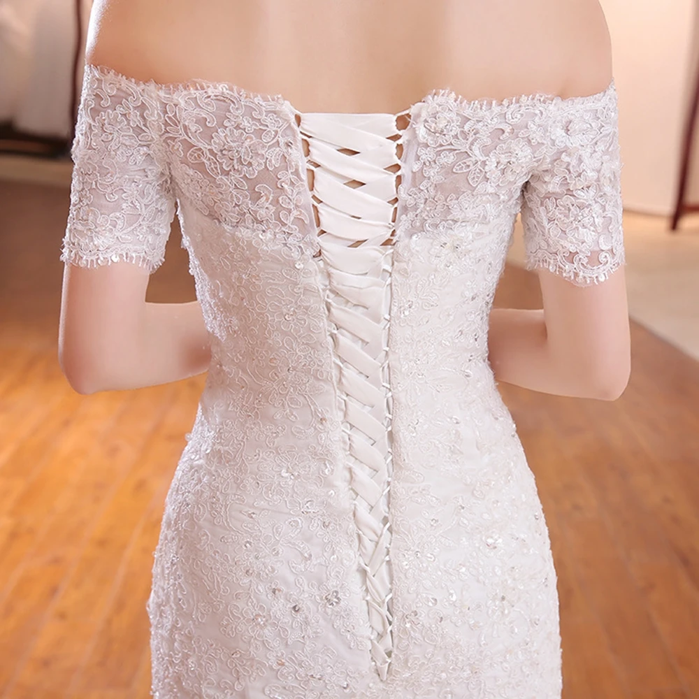 Lace Wedding Dress Boat Neck Appliques Beading Mermaid Bridal Dresses Lace Wedding Gown with Short Sleeves customized