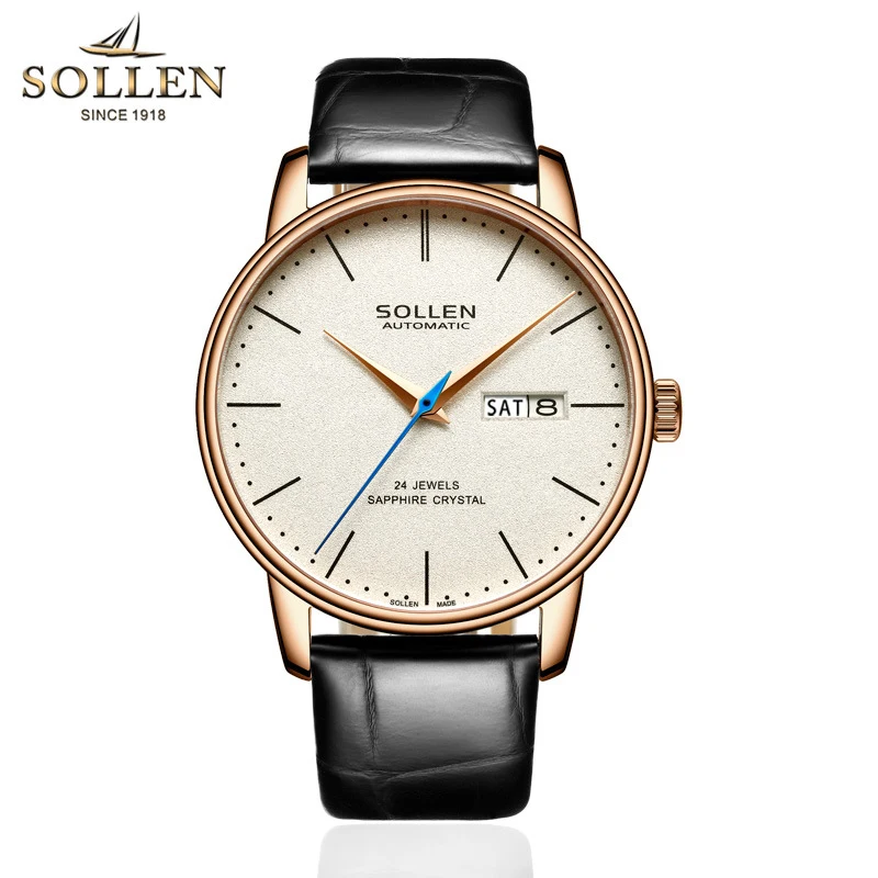 

SOLLEN Brand High-end MIYOTA Movement Mechanical Watch for Men Leather Strap Sapphire Week Date Automatic Luxury Watches Mens