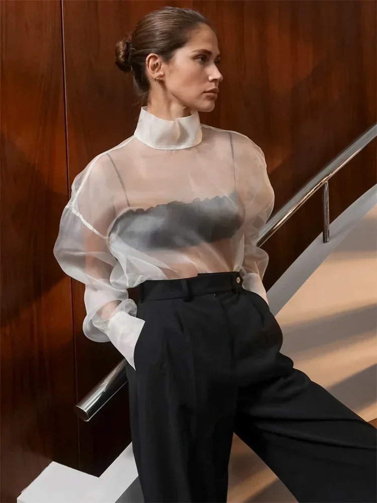 Camicie trasparenti in rete sexy Pullover manica lunga femminile Patchwork casual Pendolarismo Y2k Top Vestiti Camicetta da donna Estate