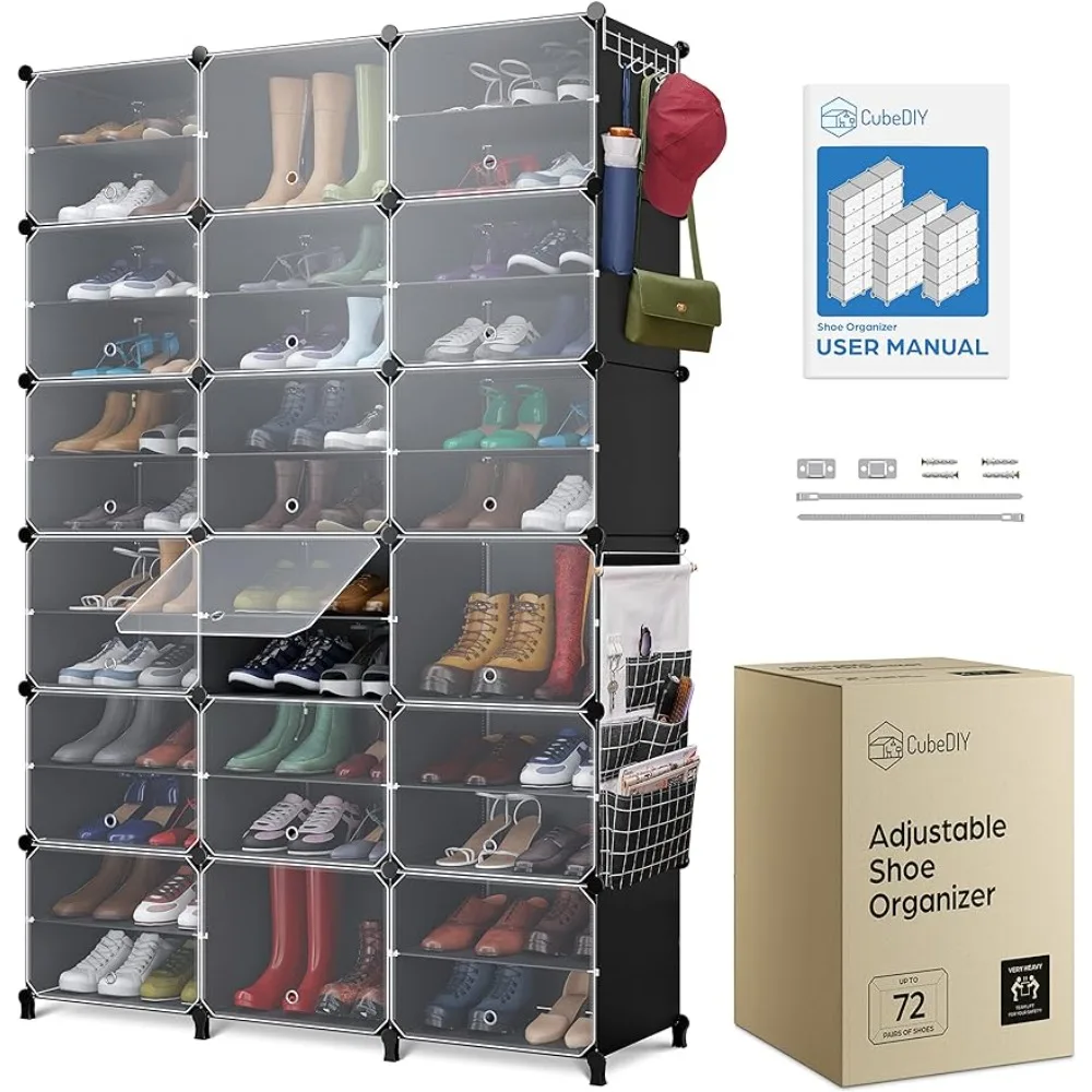 

The shoe storage cabinet can accommodate up to 72 pairs, and is a portable enclosed shoe cabinet with transparent doors in black