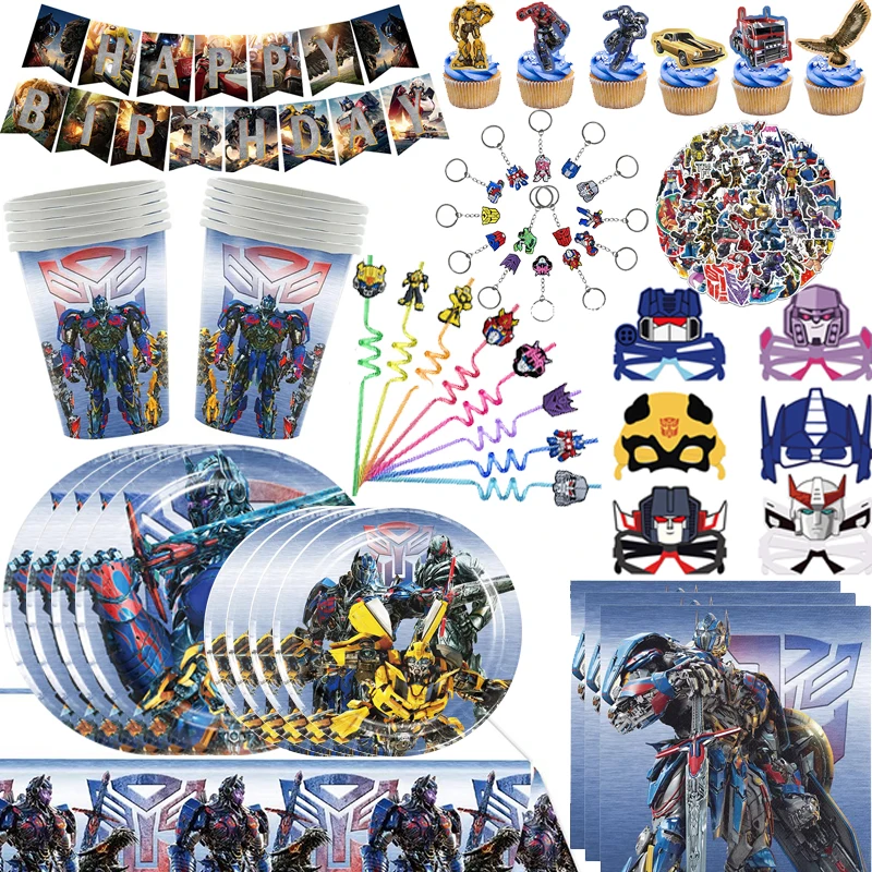 Decoración de Fiesta de Cumpleaños de Transformers, Platos y Vasos de Papel, Mantel, Recuerdos de Fiesta, Llavero, Pulsera, Pegatinas, Bolsa de Regalo