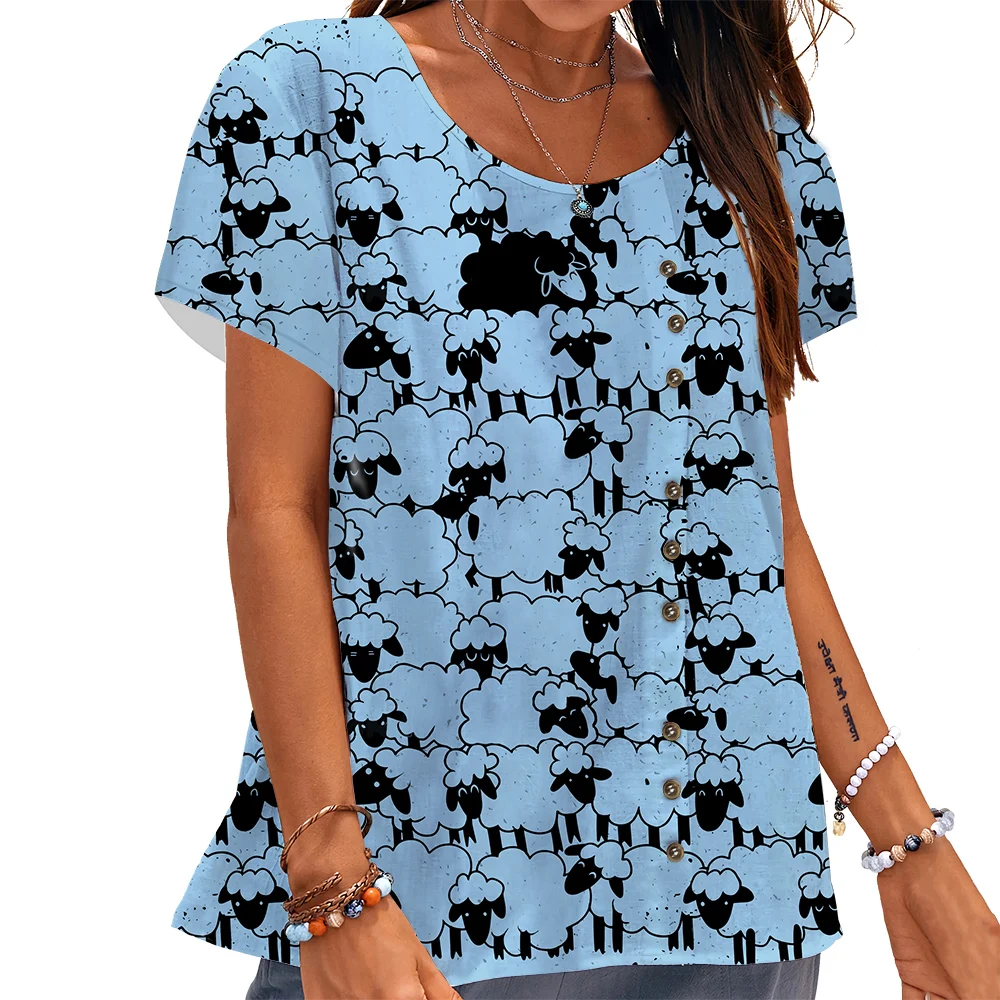 CLOOCL Women T-shirt Cute Cartoon Lamb Pattern 3D Printed Tees Button Decorate Short Sleeve Tops Summer Female Oversized Blouses