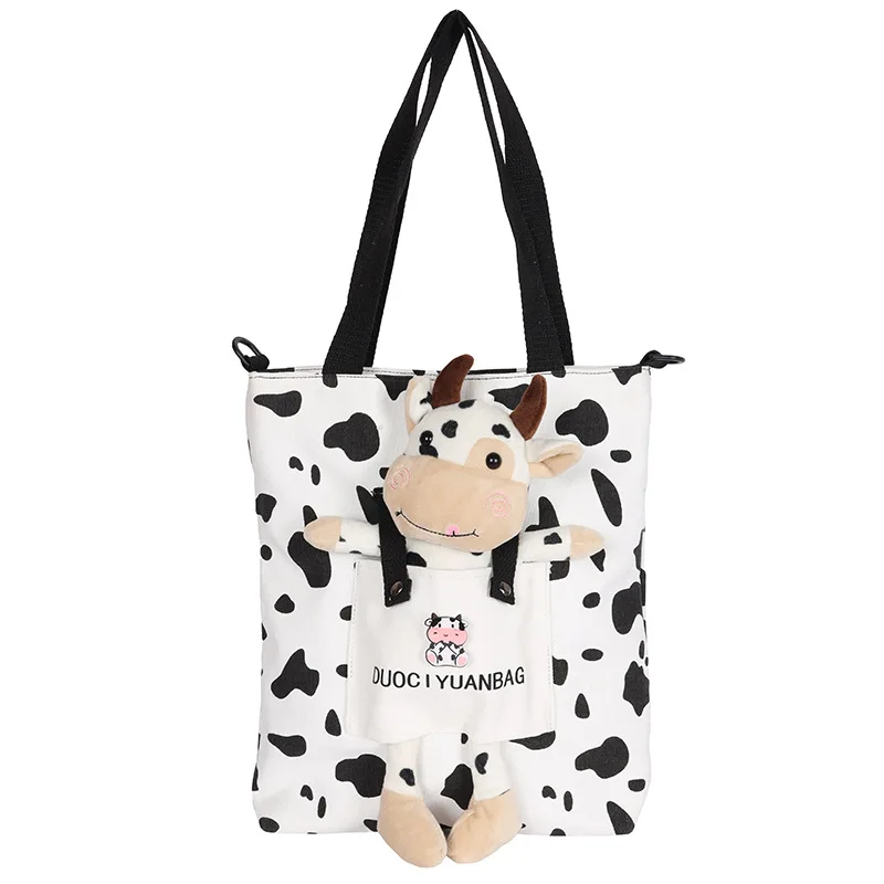 Shoulder Bag Canvas Cute Cartoon Doll Cow Sweet Girls Student Creative Funny Personalized Large Capacity Trend Leisure Shopping