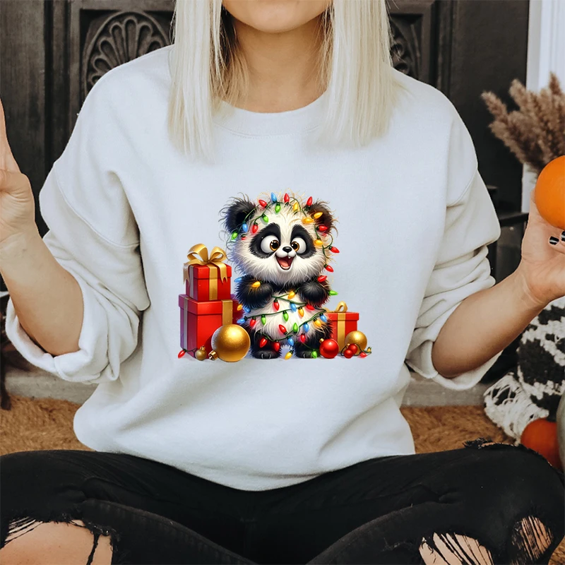 Merry Christmas Cartoon Panda Lights Design Women Sweatshirt Graphic Christmas Kawaii Cartoon Panda Gifts Holiday Sweatshirts