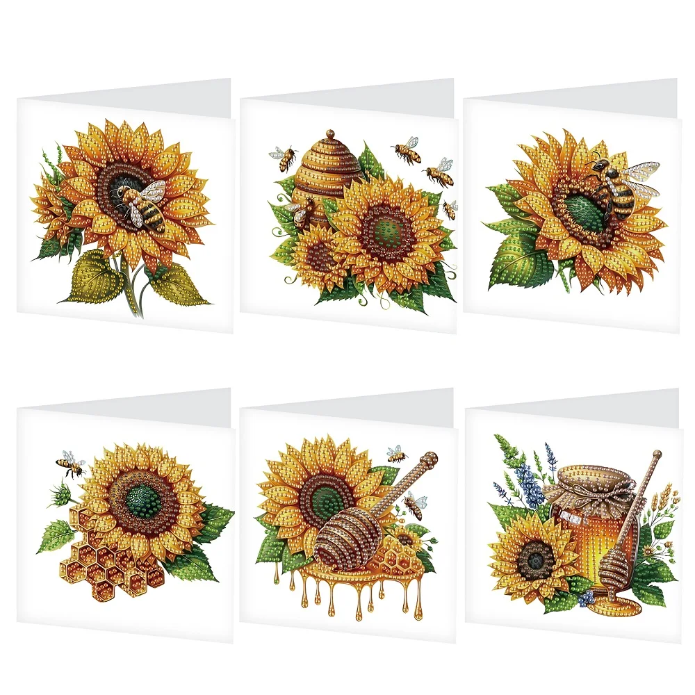6-teiliges Grußkarten-Set für Diamantkunst, Malerei, Sonnenblumenhonig, DIY-Diamantkunsthandwerk mit Umschlägen, Diamantkarten für Feiern