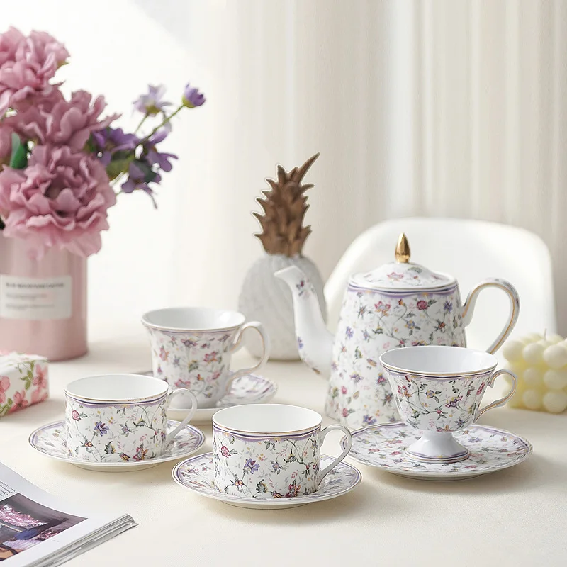 

European Ceramic Coffee Set, Floral Tea Cup with Saucer for Afternoon Tea, British Country Style Light Luxury Gift