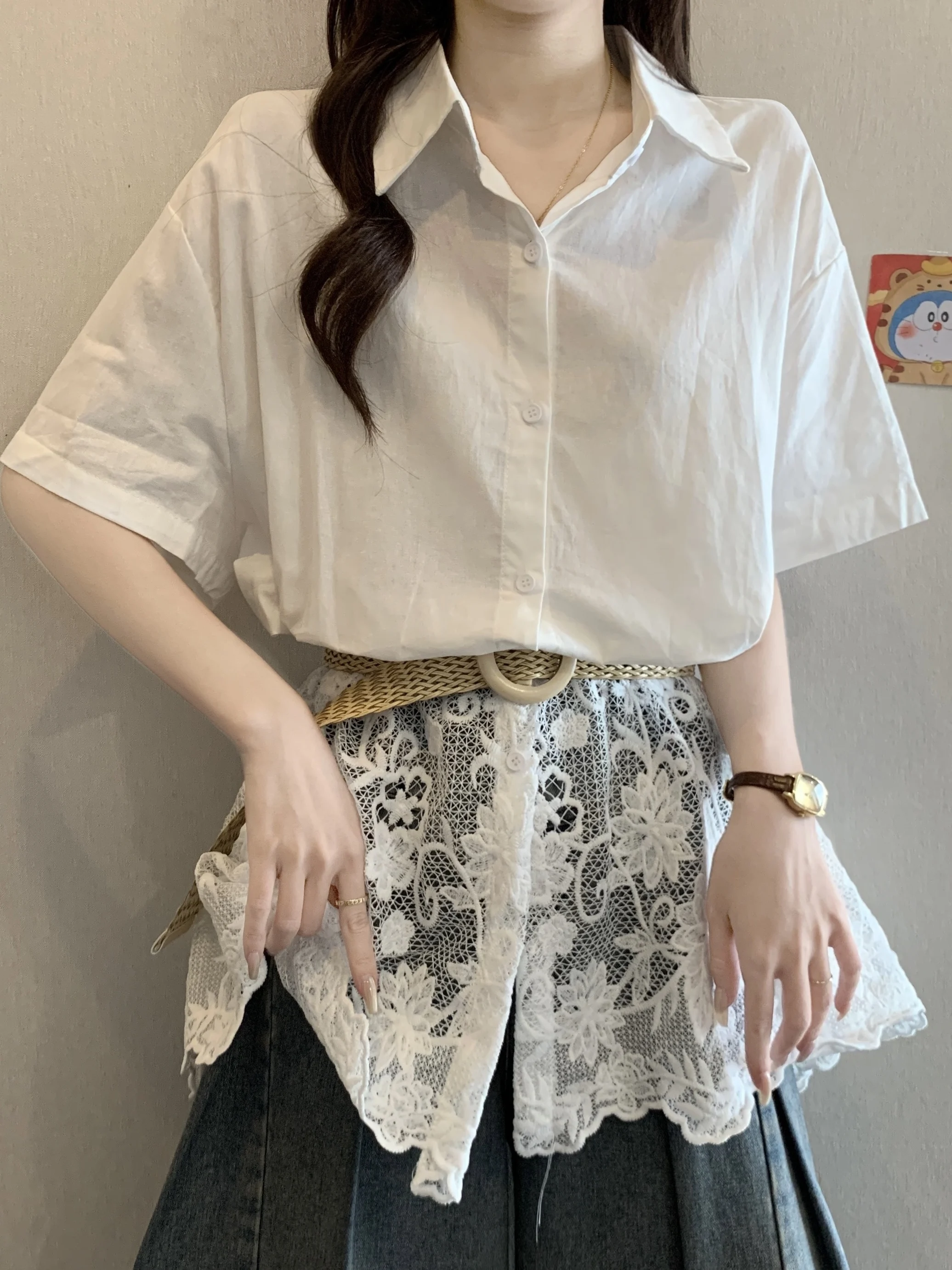 

plus Size Elegant Fashionable Lace Embroidery Patchwork Shirt Women's Slimming Waist Cinched Top with Belt Summer Breathable