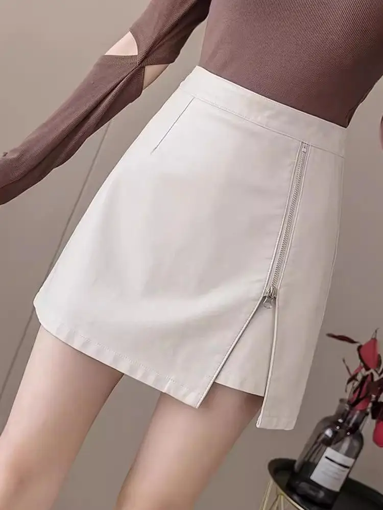 

Women Black Leather Sexy Club Festival Slim Zipper Mini Half Skirt Summer High Waist Wrap Hip A-line Short Skirt Popular Fashion